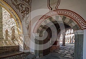 Decorated arches around courtyard of Rila Monastery, Bulgaria