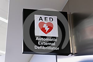 External defibrillator sign and logo. AED is used to treat persons with heart attacks