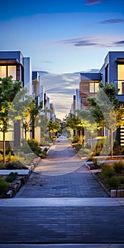 External faÃ§ade of a row of colorful modern urban townhouses brand new houses