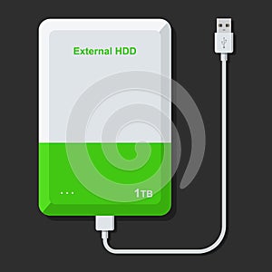 External hard disk drive with USB cable isolated on dark background. Portable extern HDD. Memory drive