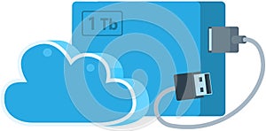 External hard disk drive with USB cable isolated. Portable extern HDD. Memory drive, cloud storage