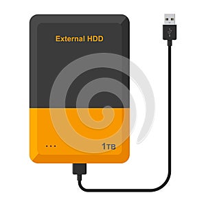 External hard disk drive with USB cable isolated on white background. Portable extern HDD. Memory drive