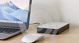 External Hard Drive Connected to Laptop with Mouse on Desk