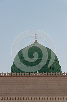 External image of the Prophet's Mosque in Medina in Saudi Arabia, The green dome of the mosque. Masjid Nabawi