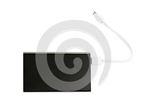 External portable charger with cable isolated on white, top view