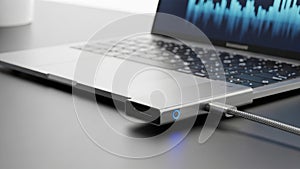 External SSD drive connected to a laptop for data storage.