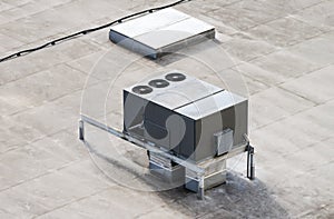 The external units of the commercial air conditioning and ventilation systems are installed on the roof of an industrial building