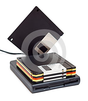 External usb floppy disk drive with disks one standing