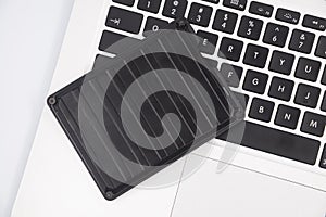 An external USB hard disk drive isolated on a white background. External Hdd drives and flash drives. External hard disk drive for