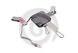 External USB hub and usb flash drives on white background