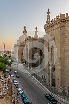 External view of Al Rifai and Sultan Hasan historical mosques, Old Cairo, Egypt