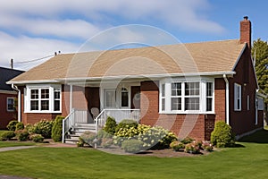 external view of a brick cape cod house with a side gable roof