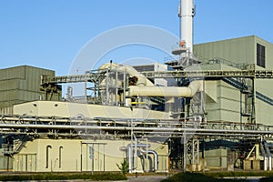 External view of equipment of large modern biomass co-generation wood chip power plant