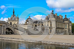 External view of famous Chantilly Castle, 1560 - a historic castle located in town of Chantilly, Oise, Picardie