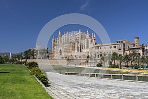 Exteror of Cathedral La Seu famous ancient tourist attraction in Palma de Mallorca, symbol of city, largest Gothic church most