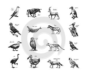 Extinct species. Wild mammal animals and birds. Dodo, Moa, Tasmanian wolf, Quagga. Aurochs. Blue antelope. Hand drawn