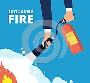 Extinguish fire. Fireman with fire extinguisher. Emergency training and protection from flame vector concept