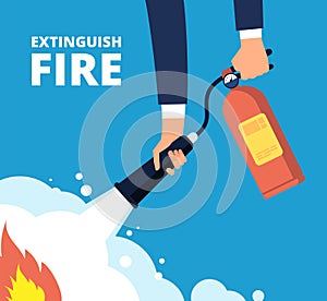Extinguish fire. Fireman with fire extinguisher. Emergency training and protection from flame vector concept photo