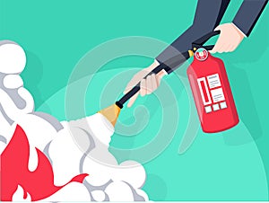 Extinguish fire. Fireman hold in hand fire extinguisher. Vector illustration flat design. Isolated on background.