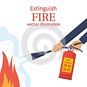 Extinguish fire. Fireman hold in hand fire extinguisher