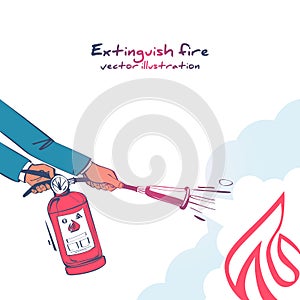 Extinguish fire. Fireman hold in hand fire extinguisher