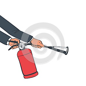 Extinguish fire. Fireman hold in hand fire extinguisher