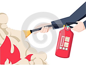 Extinguish fire. Fireman hold in hand fire extinguisher. Vector illustration flat design. Isolated on white background.
