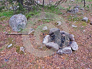 Extinguished fire place in the mountain pine forests