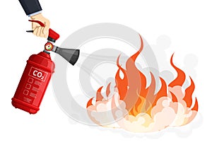 Extinguishes fire, red fire extinguisher flame protection. Flame protection, flame fighting concept vector illustration.