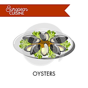 Extotic oysters with salad leaves from European cuisine