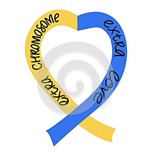 Extra chromosome extra love text with blue yellow ribbon. Support people with trisomy 21. Down syndrome symbol