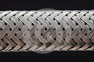 Extra Close-up of a metal hose, with crisscrossed silver strands, isolated on black background. Macro shot.