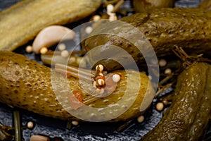 Extra Fine Cornichons - minuscule sour French pickles on natural stone background. Mini French style Gherkin Cucumbers