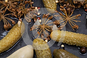 Extra Fine Cornichons - minuscule sour French pickles on natural stone background. Mini French style Gherkin Cucumbers