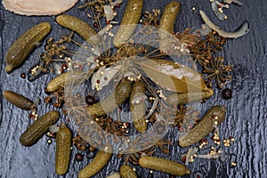 Extra Fine Cornichons - minuscule sour French pickles on natural stone background. Mini French style Gherkin Cucumbers