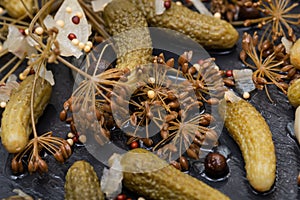 Extra Fine Cornichons - minuscule sour French pickles on natural stone background. Mini French style Gherkin Cucumbers