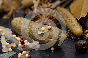 Extra Fine Cornichons - minuscule sour French pickles on natural stone background. Mini French style Gherkin Cucumbers