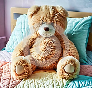 extra fluffy Teddybear on a made-up colored child bed