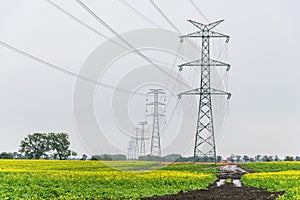 Extra-high voltage 400 kV overhead power line on large pylons, green field
