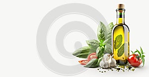 Extra virgen olive oil bottle with fresh basil and garlic Banner, Olive Oil from JaÃ©n Andalusia Spain, Generative AI photo