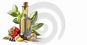 Extra virgen olive oil bottle with fresh basil and garlic Banner, Olive Oil from JaÃ©n Andalusia Spain, Generative AI photo