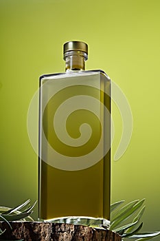 Extra virgin healthy Olive oil with olives leaves on a green background