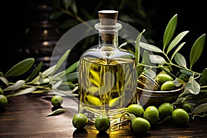 Extra Virgin Olive Oil and Fresh Olives for Healthful Cooking and Salads. Copy space