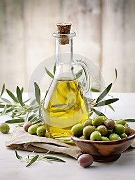 Extra virgin olive oil in a glass bottle and green olives with leaves on a canvas napkin on a light background, Provence