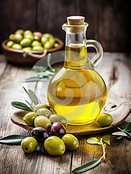 Extra virgin olive oil in a glass bottle and green olives with leaves on a wooden background, rustic style, vertical