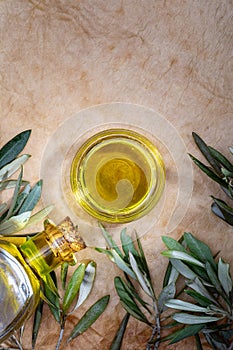 Extra virgin olive oil in glass bowl. It includes olive leaves and branches. Rustic Background. Top view.
