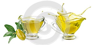 Extra virgin olive oil jar and green branch isolated on white background with clipping path.