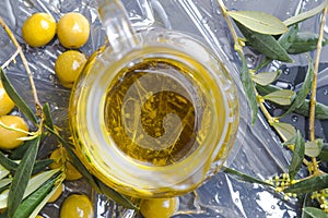 Extra virgin olive oil and olives fruits