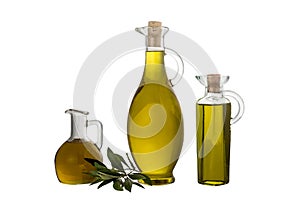 Extra Virgin olive oil in three rustic  bottle and jar  isolated