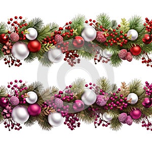 Extra wide Christmas border with fir branches, red and silver baubles, pine cones and other ornaments